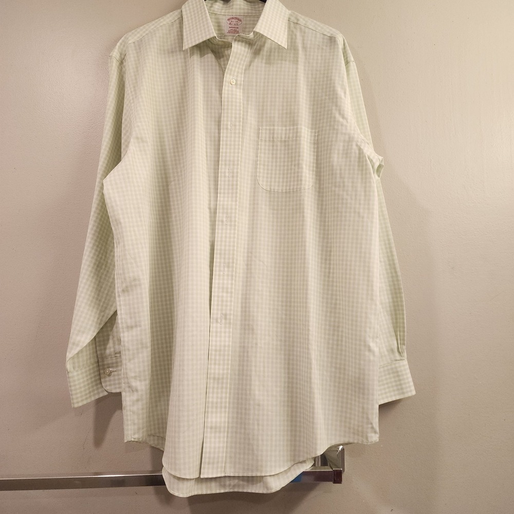 Brooks Brothers Madison 16 1/2 Green And White Plaid Long Sleev Shirt